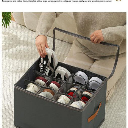 Premium Heavy Duty Shoe Storage Box 16 Grids Beige 43cm Cube Foldable Fabric Wardrobe Organiser with Label Holder and Side Pockets.