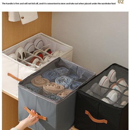 Premium Heavy Duty Shoe Storage Box 16 Grids Beige 43cm Cube Foldable Fabric Wardrobe Organiser with Label Holder and Side Pockets.