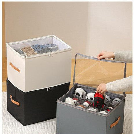 Premium Heavy Duty Shoe Storage Box 16 Grids Beige 43cm Cube Foldable Fabric Wardrobe Organiser with Label Holder and Side Pockets.
