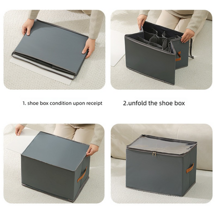 Premium Heavy Duty Shoe Storage Box 16 Grids Beige 43cm Cube Foldable Fabric Wardrobe Organiser with Label Holder and Side Pockets.