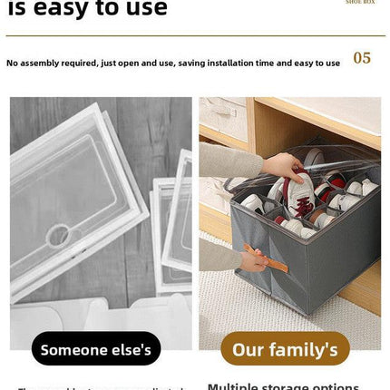 Premium Heavy Duty Shoe Storage Box 16 Grids Beige 43cm Cube Foldable Fabric Wardrobe Organiser with Label Holder and Side Pockets.