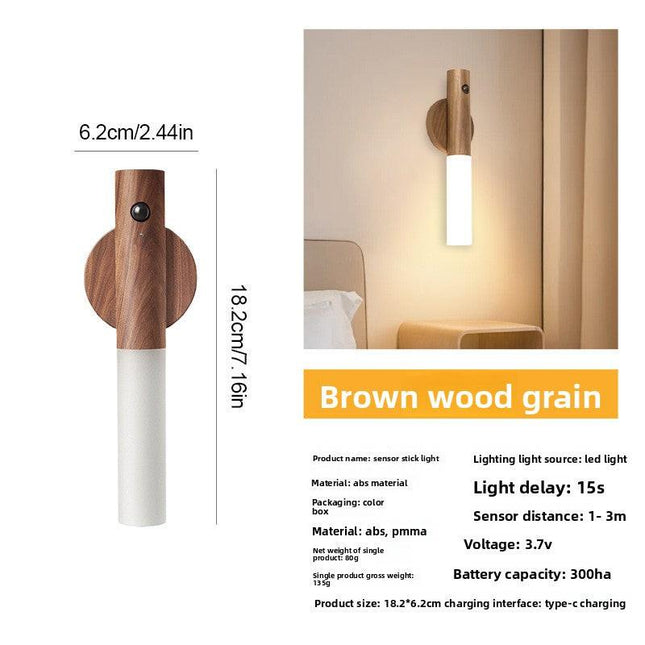 Brown Wood Grain Motion Sensor Night Light LED Rechargeable Magnetic Stick Wall Lamp Wireless Smart Batten Light for Hallway Staircase Bedroom Warm White.