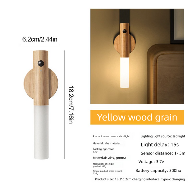Yellow Wood Grain Motion Sensor Night Light LED Rechargeable Magnetic Stick Wall Lamp Smart Wireless Batten for Hallway Staircase Natural Ash Style Warm White.