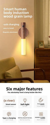 Yellow Wood Grain Motion Sensor Night Light LED Rechargeable Magnetic Stick Wall Lamp Smart Wireless Batten for Hallway Staircase Natural Ash Style Warm White.