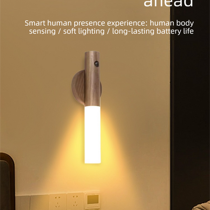 Yellow Wood Grain Motion Sensor Night Light LED Rechargeable Magnetic Stick Wall Lamp Smart Wireless Batten for Hallway Staircase Natural Ash Style Warm White.
