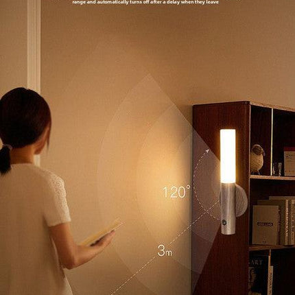 Yellow Wood Grain Motion Sensor Night Light LED Rechargeable Magnetic Stick Wall Lamp Smart Wireless Batten for Hallway Staircase Natural Ash Style Warm White.