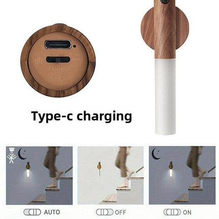 Yellow Wood Grain Motion Sensor Night Light LED Rechargeable Magnetic Stick Wall Lamp Smart Wireless Batten for Hallway Staircase Natural Ash Style Warm White.