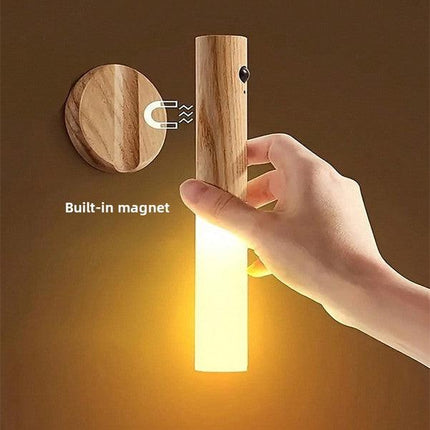 Yellow Wood Grain Motion Sensor Night Light LED Rechargeable Magnetic Stick Wall Lamp Smart Wireless Batten for Hallway Staircase Natural Ash Style Warm White.