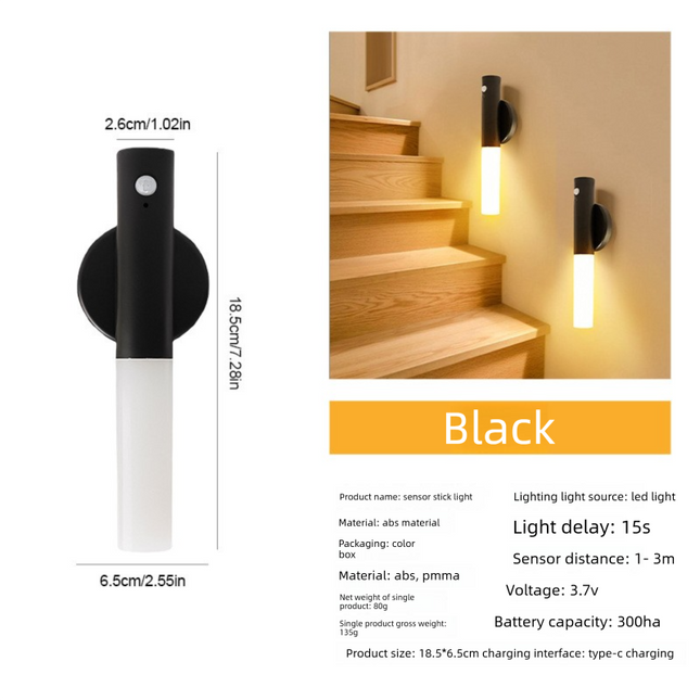 Matte Black Motion Sensor Night Light LED Rechargeable Magnetic Stick Wall Lamp Smart Wireless Batten for Hallway Staircase Modern Style Warm White.