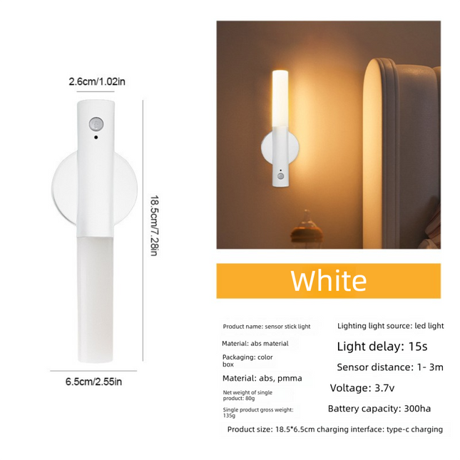 White Motion Sensor Night Light LED Rechargeable Magnetic Stick Wall Lamp Smart Wireless Batten for Hallway Staircase Nursery Warm White.