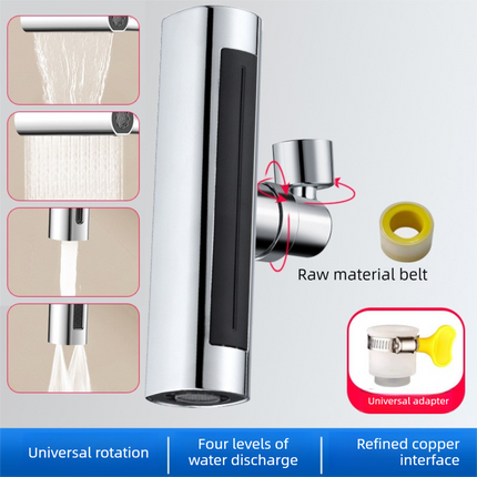 Universal 4-Mode Kitchen Tap Extender Waterfall Flying Rain Effect 360 Swivel Faucet Aerator Nozzle with Alloy Cap and Adapters Anti-Splash Sink Attachment.