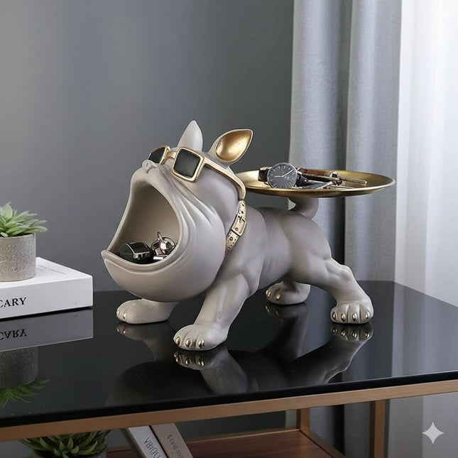 Cool French Bulldog Statue Storage Tray Grey Resin Dog Figurine Key Bowl and Candy Organiser with Open Mouth Design for Entryway Table Home Decor.