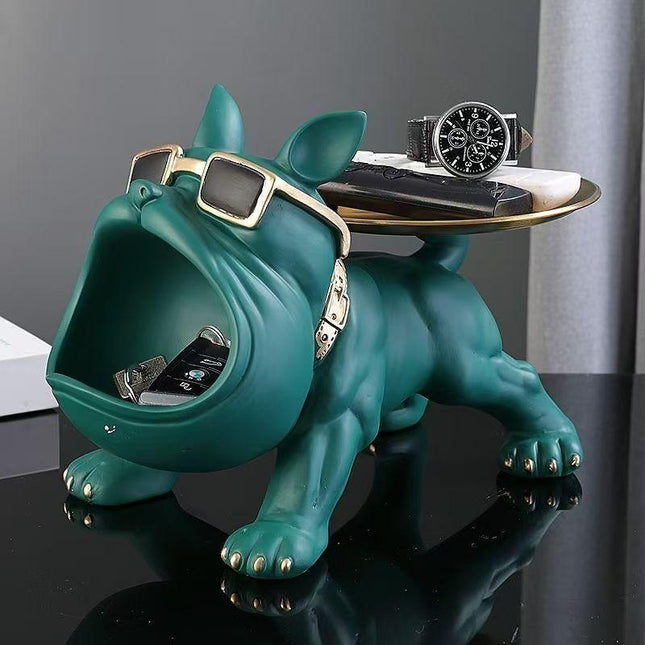 Cool French Bulldog Statue Storage Tray Dark Green Resin Dog Figurine Key Bowl and Candy Organiser with Open Mouth Design for Entryway Table Home Decor.