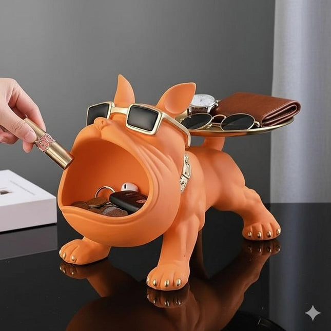 Cool French Bulldog Statue Storage Tray Orange Resin Dog Figurine Key Bowl and Candy Organiser with Open Mouth Design for Entryway Table Home Decor.