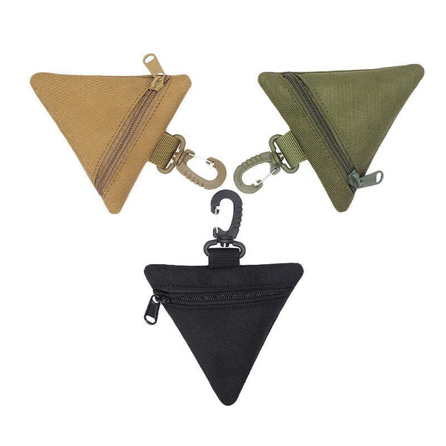 3 PCS Tactical Triangle Coin Purse Pouch Mini EDC Wallet with Carabiner Hook Heavy Duty Canvas Key Holder Case for Outdoor Camping Hiking Travel Black Khaki Green.
