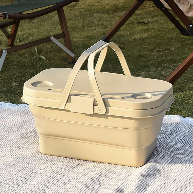 Collapsible Picnic Basket with Mini Table Lid Portable Folding Storage Crate with Cup Holders and Phone Stand Multi-Functional Outdoor Camping Sink Basin Khaki.