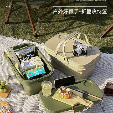 Collapsible Picnic Basket with Mini Table Lid Portable Folding Storage Crate with Cup Holders and Phone Stand Multi-Functional Outdoor Camping Sink Basin Khaki.