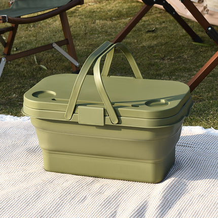Collapsible Picnic Basket with Mini Table Lid Portable Folding Storage Crate with Cup Holders and Phone Stand Multi-Functional Outdoor Camping Sink Basin Green.