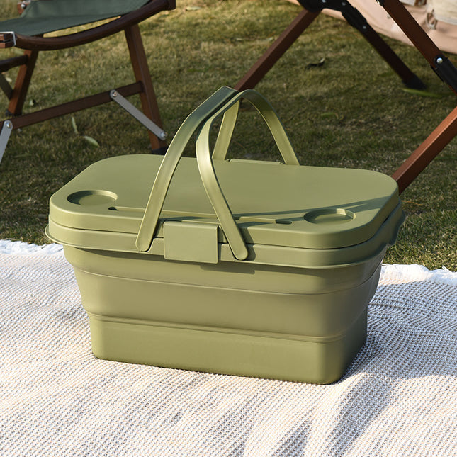 Collapsible Picnic Basket with Mini Table Lid Portable Folding Storage Crate with Cup Holders and Phone Stand Multi-Functional Outdoor Camping Sink Basin Green.