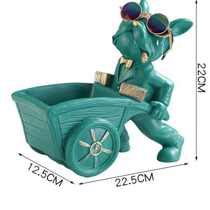 French Bulldog Pushing Wheelbarrow Storage Figurine Resin Statue Key Bowl Candy Dish Entryway Organiser Home Decor Gift Green.