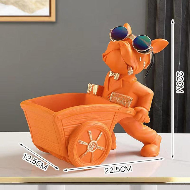 French Bulldog Pushing Wheelbarrow Storage Figurine Resin Statue Key Bowl Candy Dish Entryway Organiser Home Decor Gift Orange.