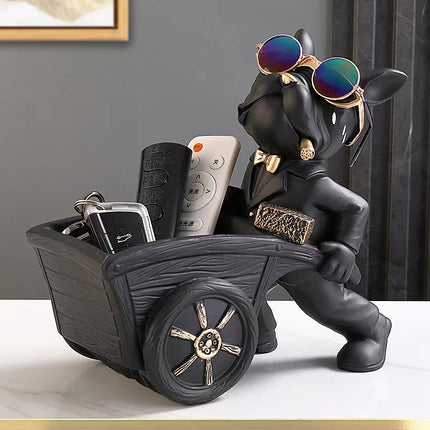 French Bulldog Pushing Wheelbarrow Storage Figurine Resin Statue Key Bowl Candy Dish Entryway Organiser Home Decor Gift Black.