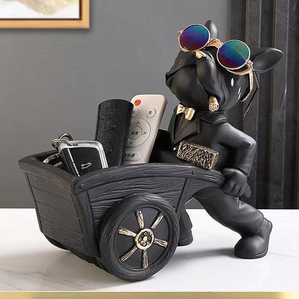 French Bulldog Pushing Wheelbarrow Storage Figurine Resin Statue Key Bowl Candy Dish Entryway Organiser Home Decor Gift Black.
