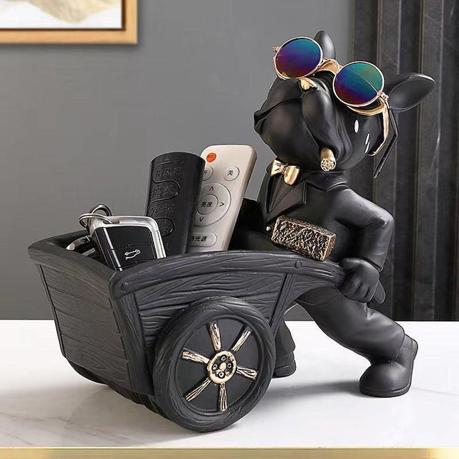 French Bulldog Pushing Wheelbarrow Storage Figurine Resin Statue Key Bowl Candy Dish Entryway Organiser Home Decor Gift Black.