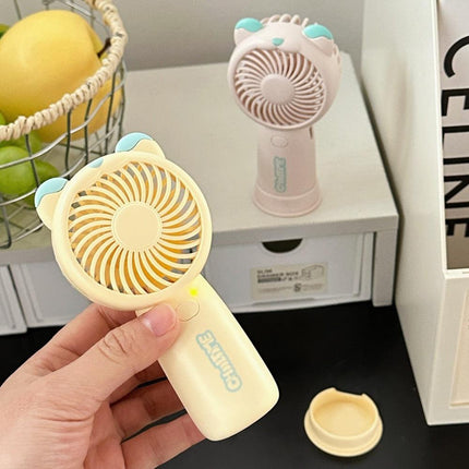 Mini Handheld Fan Rechargeable Portable Personal Cooling Device Cute Bear Design 3 Speed Adjustable with Stand Lanyard for Travel Kids Office Yellow.