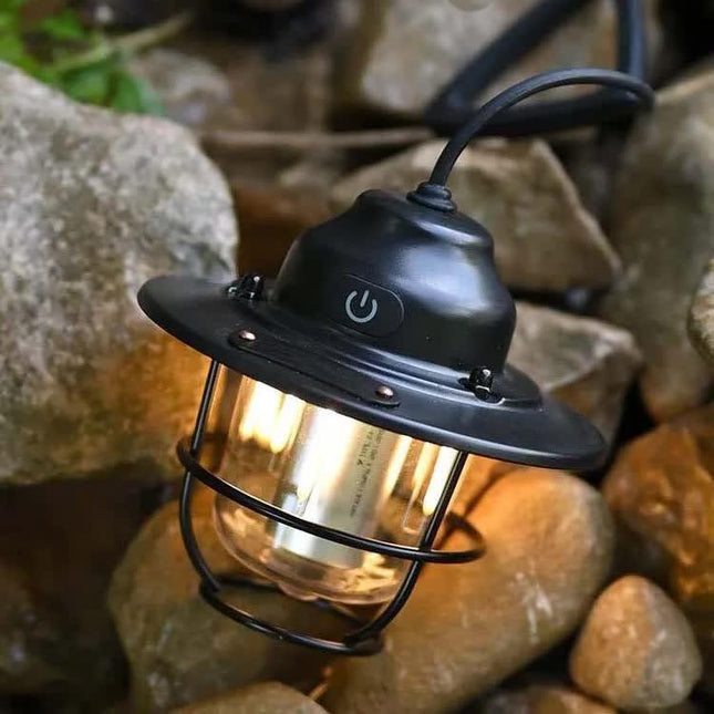 Retro LED Camping Lantern Rechargeable Pinecone Light Dimmable 4 Modes IPX4 Waterproof Hanging Tent Lamp for Outdoor Hiking Fishing Black.