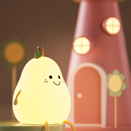 Cute Pear Night Light Squishy Silicone Nursery Lamp Rechargeable LED Bedside Light with Timer 7 Colour Changing Tap Control for Kids Baby Bedroom Gift.