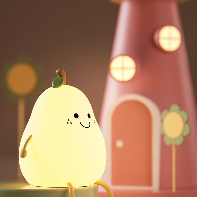 Cute Pear Night Light Squishy Silicone Nursery Lamp Rechargeable LED Bedside Light with Timer 7 Colour Changing Tap Control for Kids Baby Bedroom Gift.