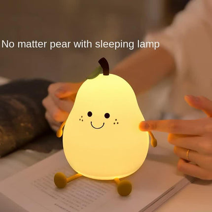 Cute Pear Night Light Squishy Silicone Nursery Lamp Rechargeable LED Bedside Light with Timer 7 Colour Changing Tap Control for Kids Baby Bedroom Gift.