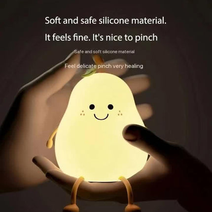 Cute Pear Night Light Squishy Silicone Nursery Lamp Rechargeable LED Bedside Light with Timer 7 Colour Changing Tap Control for Kids Baby Bedroom Gift.