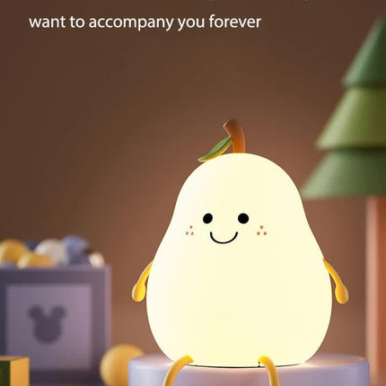 Cute Pear Night Light Squishy Silicone Nursery Lamp Rechargeable LED Bedside Light with Timer 7 Colour Changing Tap Control for Kids Baby Bedroom Gift.