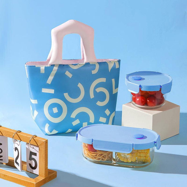 Insulated Lunch Bag Tote Fashion Graffiti Print with Soft Padded Handle Waterproof Thermal Cooler Bento Case for Work School and Picnics Blue with Pink Handle.