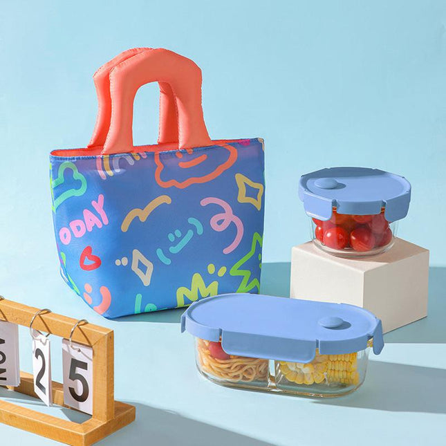 Insulated Lunch Bag Tote Fashion Graffiti Print with Soft Padded Handle Waterproof Thermal Cooler Bento Case for Work School and Picnics Blue with Orange Handle.