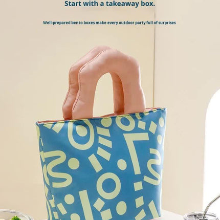Insulated Lunch Bag Tote Fashion Graffiti Print with Soft Padded Handle Waterproof Thermal Cooler Bento Case for Work School and Picnics Blue with Green Handle.