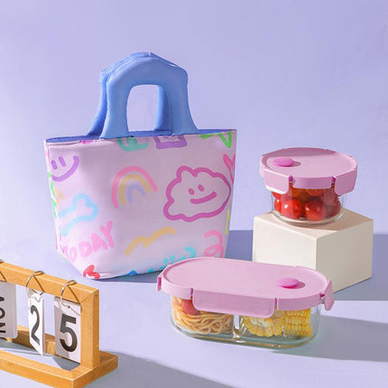 Insulated Lunch Bag Tote Fashion Graffiti Print with Soft Padded Handle Waterproof Thermal Cooler Bento Case for Work School and Picnics Blue with Purple Handle.