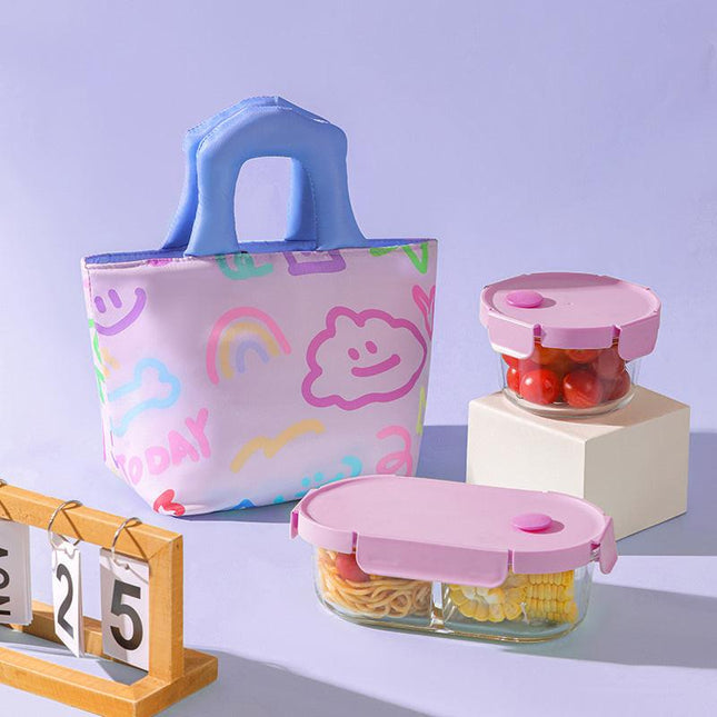 Insulated Lunch Bag Tote Fashion Graffiti Print with Soft Padded Handle Waterproof Thermal Cooler Bento Case for Work School and Picnics Blue with Purple Handle.