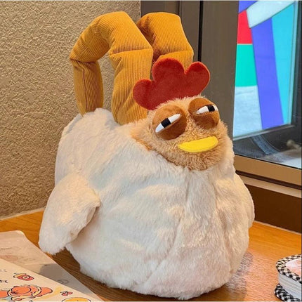 Funny Plush Chicken Handbag - Soft Fluffy Novelty Tote Bag with Leg Handles - Quirky Cartoon Gift for Kids & Teens (25cm).