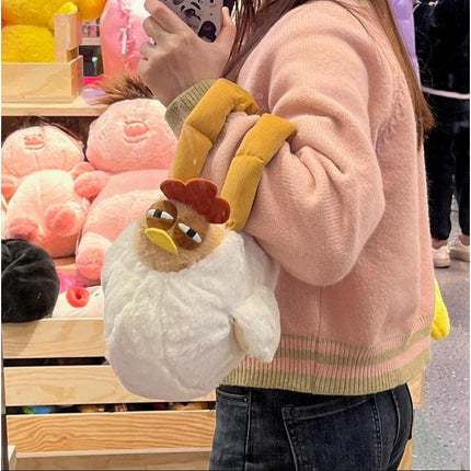 Funny Plush Chicken Handbag - Soft Fluffy Novelty Tote Bag with Leg Handles - Quirky Cartoon Gift for Kids & Teens (25cm).