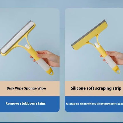 Yellow 3-in-1 Window Squeegee with Built-in Spray Bottle - Dual Sided Sponge Glass Cleaner - Streak Free Tool for Shower Screens, Mirrors & Car Windows.