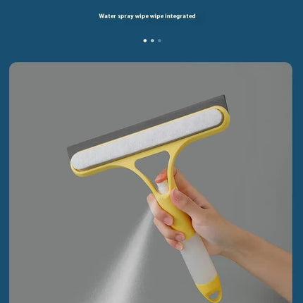 Yellow 3-in-1 Window Squeegee with Built-in Spray Bottle - Dual Sided Sponge Glass Cleaner - Streak Free Tool for Shower Screens, Mirrors & Car Windows.