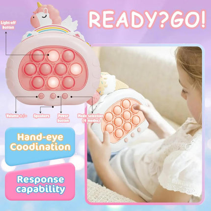Electronic Fast Push Pop Game - Pink Unicorn Fidget Console with Lights & Sound - 4 Modes Memory & Speed Challenge - Interactive Sensory Toy for Kids 3+ & Travel.