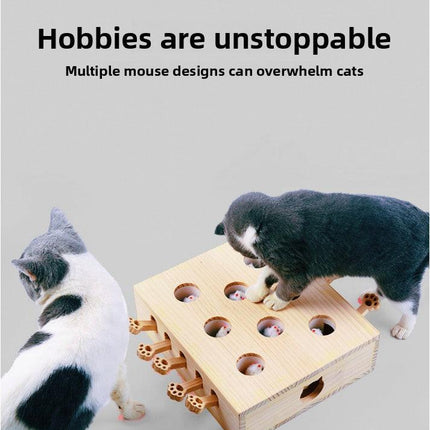 Interactive Wooden Cat Toy Whack-A-Mole Box - Solid Pine Puzzle Game with Pop-Up Plush Mice - Mental Enrichment & Bonding for Indoor Cats.