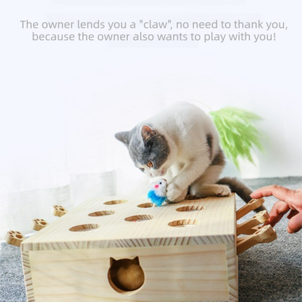 Interactive Wooden Cat Toy Whack-A-Mole Box - Solid Pine Puzzle Game with Pop-Up Plush Mice - Mental Enrichment & Bonding for Indoor Cats.