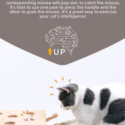 Interactive Wooden Cat Toy Whack-A-Mole Box - Solid Pine Cloud Puzzle with Pop-Up Cartoon Figures - Mental Enrichment & Bonding Game for Indoor Cats.