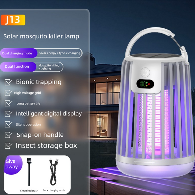 Solar Bug Zapper & Camping Light - 2000V Electric Mosquito Killer with Type-C USB Charging - Portable Insect Trap for Outdoor Patio Garden & Camping - Smart Battery Display - White.