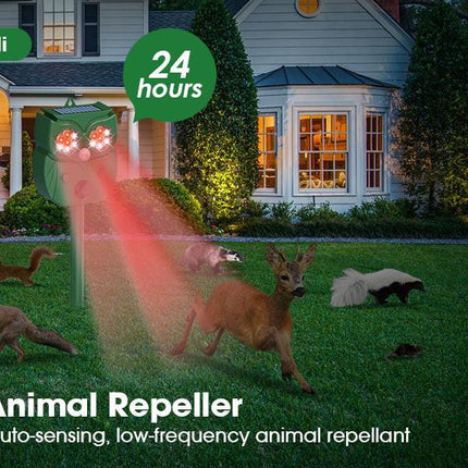 Solar Ultrasonic Animal Repeller - Owl Design with 14 LED Flashing Lights - Outdoor Motion Sensor Deterrent for Birds, Cats, Dogs & Rodents - 5 Adjustable Modes with USB Charging.